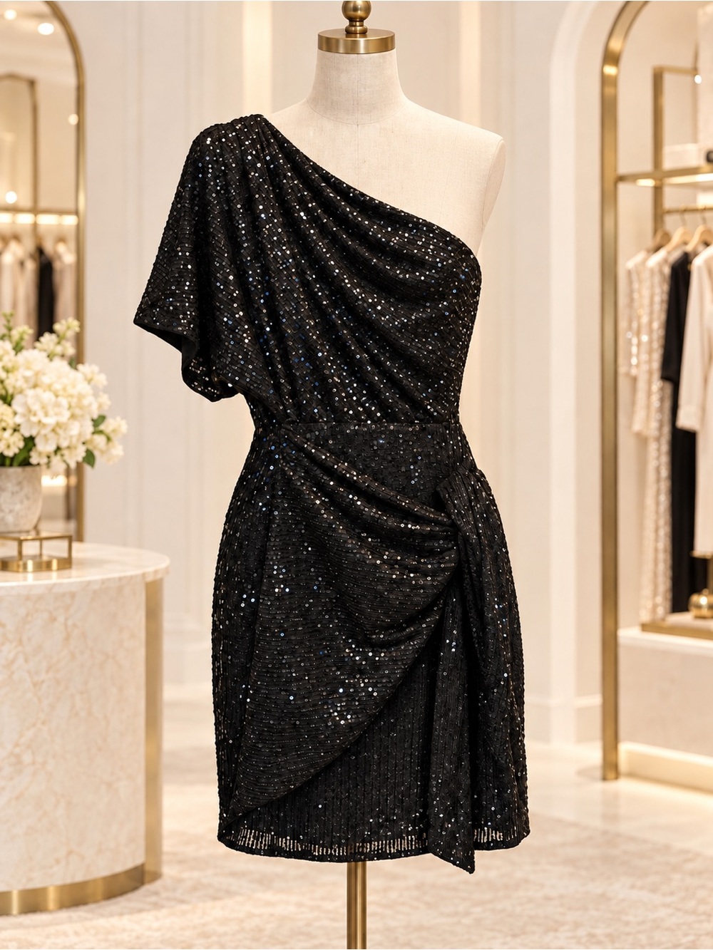 Grace Karin Black One-Shoulder Sequin Cocktail Dress